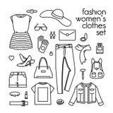 Sistema del vector de la ropa, de los zapatos y de los bolsos de las mujeres stock de ilustración Sistema del vector de la ropa, de los zapatos y de los bolsos de las mujeres stock de ilustración
