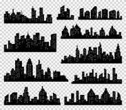Sistema del vector de la silueta de la ciudad Fondo del panorama Colección urbana de la frontera del horizonte Edificios con las stock de ilustración Sistema del vector de la silueta de la ciudad Fondo del panorama Colección urbana de la frontera del horizonte Edificios con las stock de ilustración