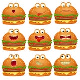 Sistema lindo del carácter de la hamburguesa de la historieta del emoji ilustración del vector Sistema lindo del carácter de la hamburguesa de la historieta del emoji ilustración del vector