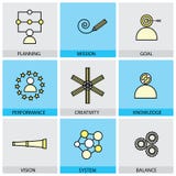 Sistema plano del diseño de la línea iconos del vector de la meta TA de la misión del planeamiento stock de ilustración Sistema plano del diseño de la línea iconos del vector de la meta TA de la misión del planeamiento stock de ilustración