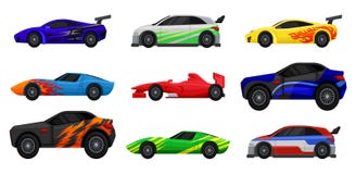 Sistema plano del vector de diversos coches de competición Automóviles rápidos de los deportes Vista lateral Elementos para hacer libre illustration Sistema plano del vector de diversos coches de competición Automóviles rápidos de los deportes Vista lateral Elementos para hacer libre illustration
