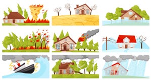Sistema plano del vector de ejemplos de los desastres naturales Giro del fuego, tormenta del relámpago, incendio fuera de control ilustración del vector Sistema plano del vector de ejemplos de los desastres naturales Giro del fuego, tormenta del relámpago, incendio fuera de control ilustración del vector
