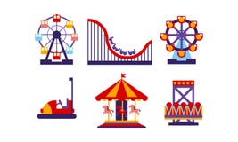 Sistema plano del vector de elementos del parque de atracciones Atracciones y carruseles del Funfair Tema del entretenimiento ilustración del vector Sistema plano del vector de elementos del parque de atracciones Atracciones y carruseles del Funfair Tema del entretenimiento ilustración del vector