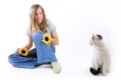 Sitting Girl And Cat Stock Photo