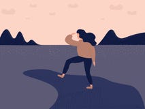 Situación del viajero o del explorador de la mujer encima de una montaña o de un acantilado y de mirar derecho el mar o el océano stock de ilustración Situación del viajero o del explorador de la mujer encima de una montaña o de un acantilado y de mirar derecho el mar o el océano stock de ilustración