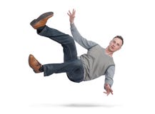 Situation, the man in casual clothes is falling down. isolated on white background. Concept of an accident stock image Situation, the man in casual clothes is falling down. isolated on white background. Concept of an accident stock image