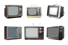 Six vintage TV sets. Six vintage TV's, isolated on white background Six vintage TV sets. Six vintage TV's, isolated on white background