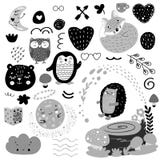 Skandynawscy dzieciaków doodles elementy deseniują czarny i biały monochromu set, dzika ręka rysujący zwierzęta księżyc, niedźwie ilustracji Skandynawscy dzieciaków doodles elementy deseniują czarny i biały monochromu set, dzika ręka rysujący zwierzęta księżyc, niedźwie ilustracji