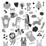 Skandynawski dzieciaków doodles elementów wzoru set śliczny monochromatyczny dzikie zwierzę i charaktery: zebra, niedźwiedź, roga royalty ilustracja Skandynawski dzieciaków doodles elementów wzoru set śliczny monochromatyczny dzikie zwierzę i charaktery: zebra, niedźwiedź, roga royalty ilustracja