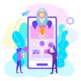Skapelsen av ett mobilt online-projekt, teamwork av rengöringsdukformgivare, startar upp av en mobil applikation, programmerare o vektor illustrationer Skapelsen av ett mobilt online-projekt, teamwork av rengöringsdukformgivare, startar upp av en mobil applikation, programmerare o vektor illustrationer