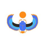 Skarabé med blåttvingar och den orange solen Symbol av forntida egyptisk kultur och mytologi Vektorsymbol av sakralt royaltyfri illustrationer Skarabé med blåttvingar och den orange solen Symbol av forntida egyptisk kultur och mytologi Vektorsymbol av sakralt royaltyfri illustrationer