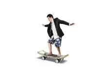 Skating on money skateboard with clock wheels stock images Skating on money skateboard with clock wheels stock images