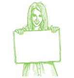 Sketch happy business woman holding blank card vector illustration Sketch happy business woman holding blank card vector illustration