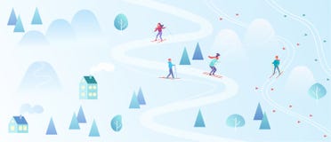 Ski Resort avec des skieurs Fond de style de carte de ski de montagne Le village d'hiver loge la station de vacances avec des per Images stock Ski Resort avec des skieurs Fond de style de carte de ski de montagne Le village d'hiver loge la station de vacances avec des per Images stock