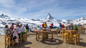 Ski resort bar with Matterhorn view stock images Ski resort bar with Matterhorn view stock images