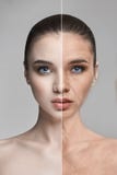 Skin aging, wrinkles, woman facial rejuvenation. Skin care, recovery and regeneration of the skin. Before and after. Woman aging