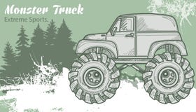 Skissa den gigantiska lastbilen på det grafiska skoglandskapet retro vektor för illustration extrema sportar Affärsföretag lopp vektor illustrationer Skissa den gigantiska lastbilen på det grafiska skoglandskapet retro vektor för illustration extrema sportar Affärsföretag lopp vektor illustrationer
