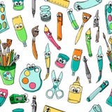 Skola av brevpapper för tecknad filmtecken: Blyertspenna bollpenna, vässare, linjal, sömlös modell för radergummi royaltyfri illustrationer Skola av brevpapper för tecknad filmtecken: Blyertspenna bollpenna, vässare, linjal, sömlös modell för radergummi royaltyfri illustrationer