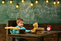 Skolapojken tycker om lunchavbrottet med leksakvännen i klassrum Skolapojken äter mat med nallebjörnen på trätabellen skola fotografering för bildbyråer Skolapojken tycker om lunchavbrottet med leksakvännen i klassrum Skolapojken äter mat med nallebjörnen på trätabellen skola fotografering för bildbyråer