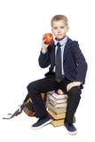 Skolpojke i en dräkt med ett äpple i hans hand som sitter på böckerna bakgrund isolerad white royaltyfri fotografi Skolpojke i en dräkt med ett äpple i hans hand som sitter på böckerna bakgrund isolerad white royaltyfri fotografi