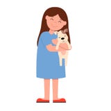 Skratta flickan i den blåa klänningen som rymmer och kelar starkt hunden r royaltyfri illustrationer Skratta flickan i den blåa klänningen som rymmer och kelar starkt hunden r royaltyfri illustrationer