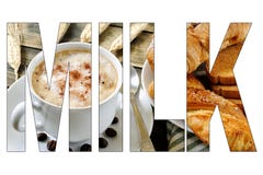 Skriftligt MJÖLKA med italiensk bakgrund för frukostmat royaltyfri fotografi Skriftligt MJÖLKA med italiensk bakgrund för frukostmat royaltyfri fotografi