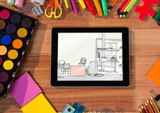 skrivbord med minnestavlan och teckningshjälpmedel På minnestavlan en attraktion av ett kontor royaltyfri illustrationer skrivbord med minnestavlan och teckningshjälpmedel På minnestavlan en attraktion av ett kontor royaltyfri illustrationer