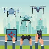 Sky landscape with buildings and street scene with people handle remotes control with set robot drones with two airscrew Royalty Free Stock Photos Sky landscape with buildings and street scene with people handle remotes control with set robot drones with two airscrew Royalty Free Stock Photos