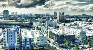 Skyline of Miami Beach from drone on a beautiful sunny day stock images Skyline of Miami Beach from drone on a beautiful sunny day stock images