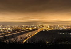 Skyline Of Vienna And Danube At Night - Viewpoint Leopoldsberg Stock Photography