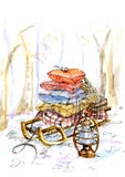 Sleigh with pillows and gifts for the holiday. Painted in watercolor royalty free illustration Sleigh with pillows and gifts for the holiday. Painted in watercolor royalty free illustration
