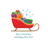Slitta con le scatole attuali, progettazione piana, saluto di Natale di Buon Natale illustrazione di stock Slitta con le scatole attuali, progettazione piana, saluto di Natale di Buon Natale illustrazione di stock