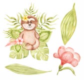 Sloth clipart. Watercolor Baby Sloth clip art, Tropical animal, Leaves set, Jungle Flower bouquet, Baby Shower, Kids Birthday