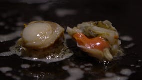 Slow Motion Cuisine Sea Food. Chef cook a Clams on grilled using chopsticks stock footage Slow Motion Cuisine Sea Food. Chef cook a Clams on grilled using chopsticks stock footage