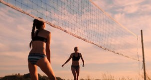 Young female volleyball players pass and spike the ball over the net on a sunny summer evening. Fit Caucasian girls stock video Young female volleyball players pass and spike the ball over the net on a sunny summer evening. Fit Caucasian girls stock video