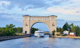 Sluice Gates on the River Volga, Russia with cruise boat
