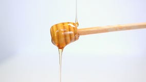 Sluit omhoog het gieten aardhoning het druipen stock video Sluit omhoog het gieten aardhoning het druipen stock video