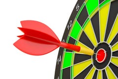 Sluit omhoog rode pijltjepijl op centrum van dartboard stock illustratie Sluit omhoog rode pijltjepijl op centrum van dartboard stock illustratie