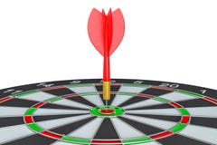 Sluit omhoog rode pijltjepijl op centrum van dartboard vector illustratie Sluit omhoog rode pijltjepijl op centrum van dartboard vector illustratie
