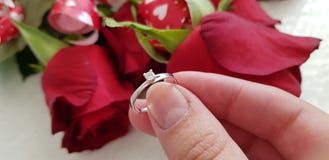 Sluit omhoog van de vrouwelijke verlovingsring van de handholding stock fotografie Sluit omhoog van de vrouwelijke verlovingsring van de handholding stock fotografie