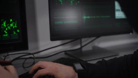 Sluit omhoog van handen met smartwatch en smartphone van hakker stealing gegevens van creditcards Het proces om systeem te binnen stock videobeelden Sluit omhoog van handen met smartwatch en smartphone van hakker stealing gegevens van creditcards Het proces om systeem te binnen stock videobeelden