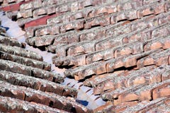Sluit van korstmos behandelde omhoog Tegels en galvaniseerde Valleiijzer royalty-vrije stock afbeelding Sluit van korstmos behandelde omhoog Tegels en galvaniseerde Valleiijzer royalty-vrije stock afbeelding