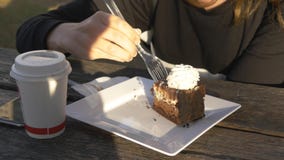 Sluit van vrouw opnemen een stuk van cake met vork royalty-vrije stock afbeeldingen Sluit van vrouw opnemen een stuk van cake met vork royalty-vrije stock afbeeldingen