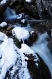 Slutet upp på bergbäckfloden som between flödar, vaggar dolt med snö royaltyfria bilder Slutet upp på bergbäckfloden som between flödar, vaggar dolt med snö royaltyfria bilder
