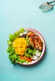 Smakowita sałatka z piec pokrojonym kurczaka mango w pucharze z cutlery na bławym tle i piersią fotografia stock Smakowita sałatka z piec pokrojonym kurczaka mango w pucharze z cutlery na bławym tle i piersią fotografia stock