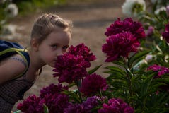 Small nice girl with beautiful eyes smelling peony flowers in park stock photography Small nice girl with beautiful eyes smelling peony flowers in park stock photography