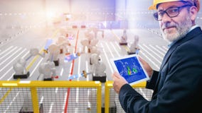 Smart automation industry robot in action welding solar panels w vector illustration Smart automation industry robot in action welding solar panels w vector illustration