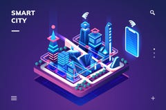 Smart city or isometric town with IoT or GPS tech royalty free illustration Smart city or isometric town with IoT or GPS tech royalty free illustration