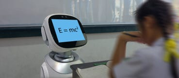 Smart education industry futuristic concept, robotic assistant with artificial intelligence program in future use for teaching stu stock photos Smart education industry futuristic concept, robotic assistant with artificial intelligence program in future use for teaching stu stock photos