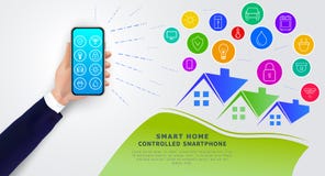 Smart home controlled by smartphone. Hand holding mobile phone with app for remote control of home automation system. vector illustration Smart home controlled by smartphone. Hand holding mobile phone with app for remote control of home automation system. vector illustration